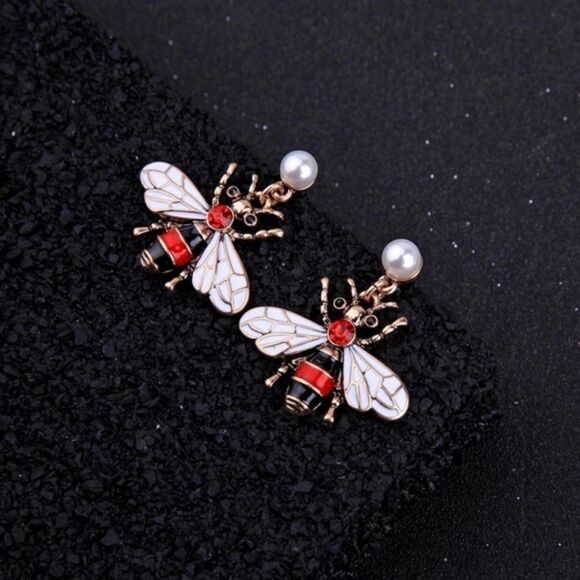 Red Enamel Glaze Bumble Bee Pearl Crystal Gold Statement Dangle Earrings - Picture 6 of 8